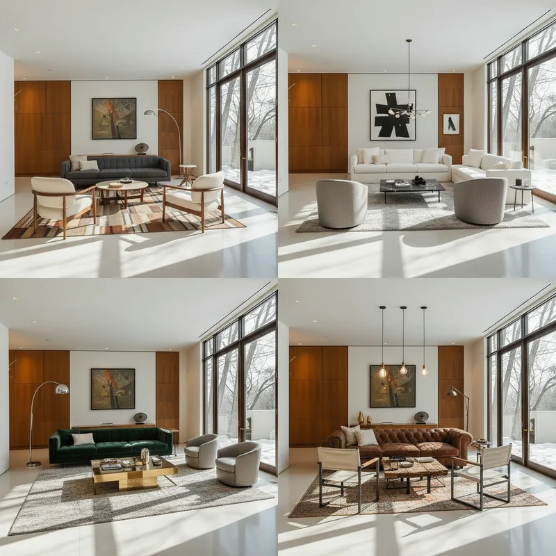 Furnish the room with living room furnitures and create a 2x2 image with four variations of the furnished room, try differ...