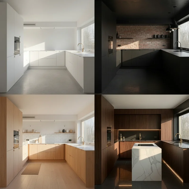 Furnish and decorate a modern kitchen, and create a 2x2 image showing four variations of the same kitchen layout with diff...