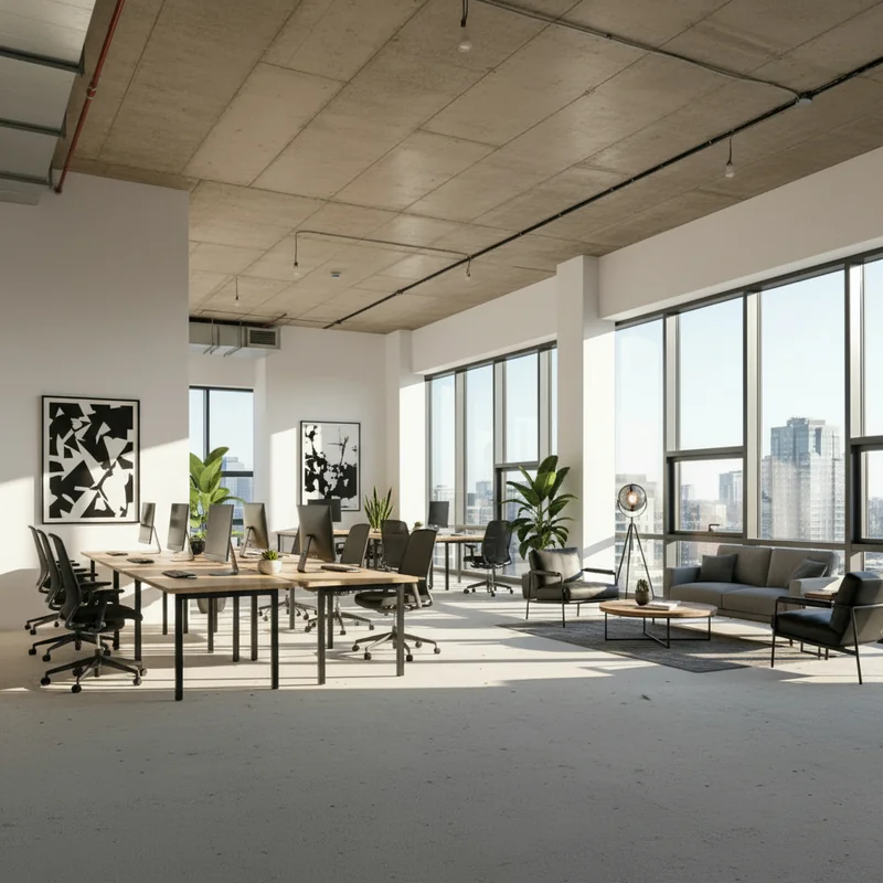 Furnish this office space with all furnitures and necessary decorations, fill the space with multiple rows of desks and ch...