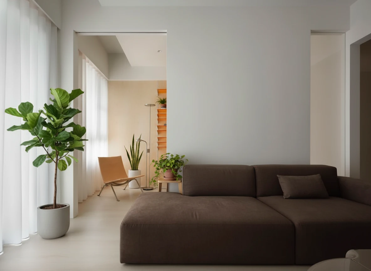 Let's place a few green leaves/plants at the corners of this room and the room inside the door, with balanced lighting on each plant