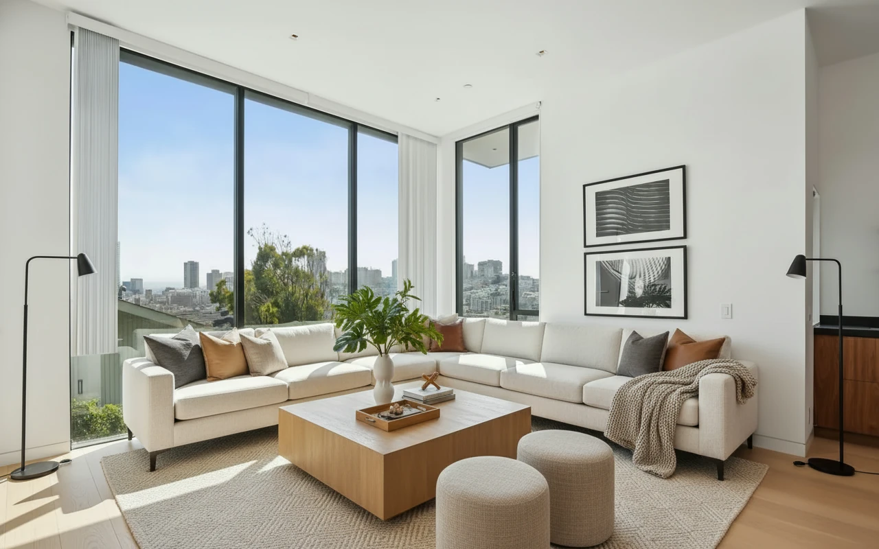 Furnish the room by having the living room arranged around a large square wooden coffee table centered on a light woven rug. Two cream-colored sectional sofas form an L-shape along the left and back walls, facing inward toward the table. Each sofa is accessorized with neutral-toned throw pillows in beige, brown, and gray, plus a folded blanket draped on the right armrest. On the coffee table, a tall white vase with green foliage serves as the focal point, accompanied by small decor objects and a tray. Two round beige ottomans are positioned in front of the table for additional seating. A black floor lamp stands beside each sofa—one on the left by the window, another on the right near the wall with framed black-and-white art. The overall layout creates a balanced, intimate conversation area centered around the coffee table.