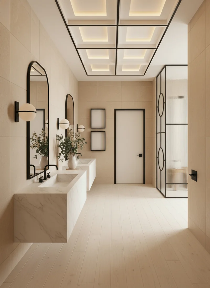 Turn this line drawing of a modern bath room in to a realistic photo, with natural lighiting, bright interior, high end ma...