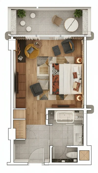 Turn this CAD line drawing into a full rendering of the same hotel room layout, but with real materials and colours applie...