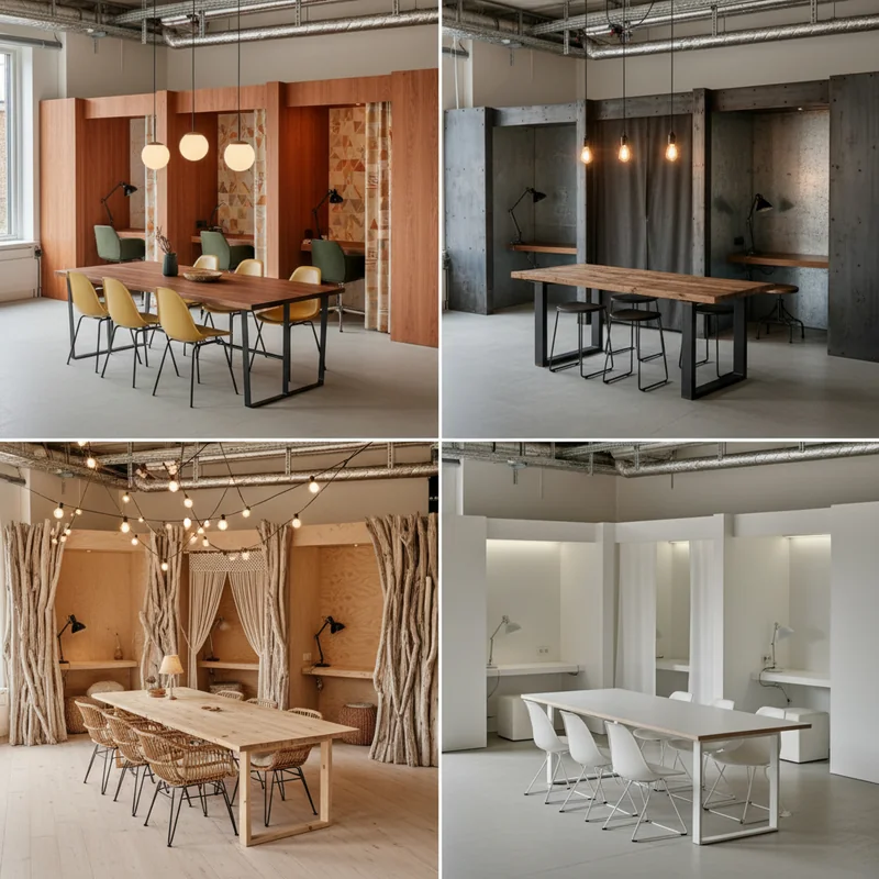 Redesign this coworking space with different decor styles and furnitures, generate a 2x2 grid with four different variatio...