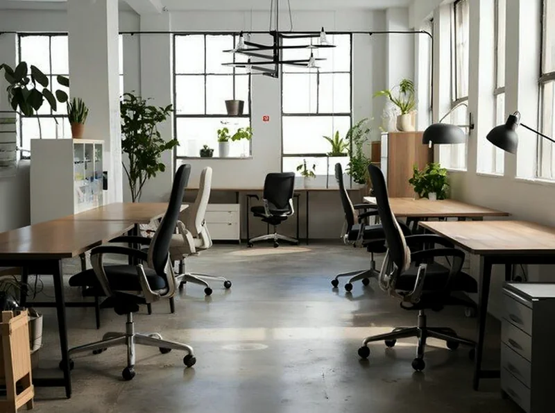 Remove items on these desk and turn all chairs into the same model, retouch the photo to make it look more cinematic with ...