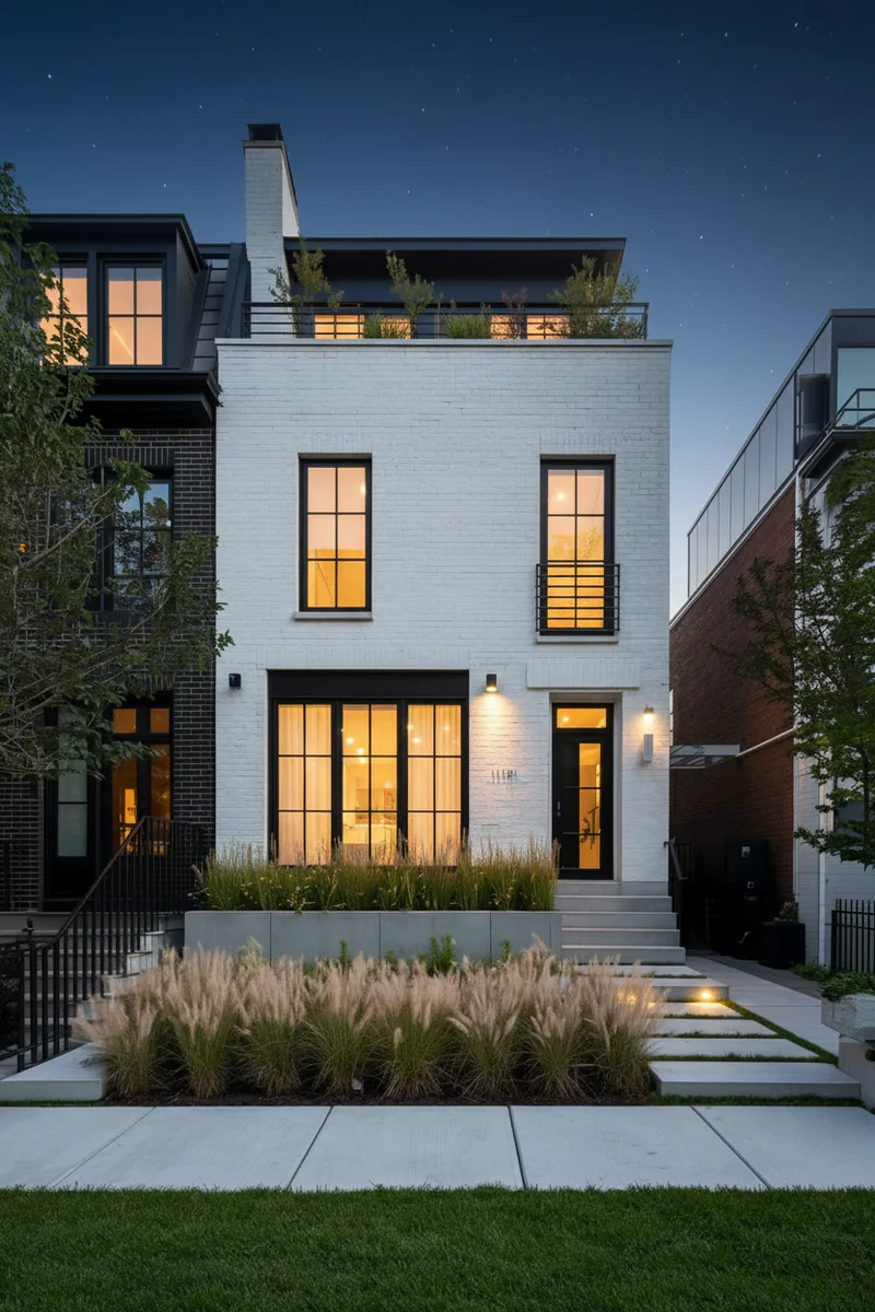 Convert this daytime photo to a beautiful dusk/twilight scene. Turn the sky into night time with a gradient. Turn on all i...