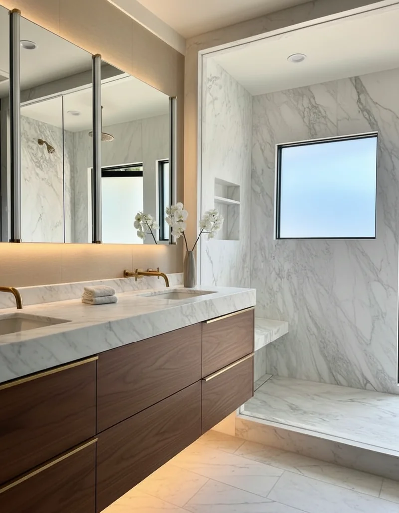 Recreate this bathroom with a more premium, high-end look while maintaining the same layout and natural lighting. Replace ...