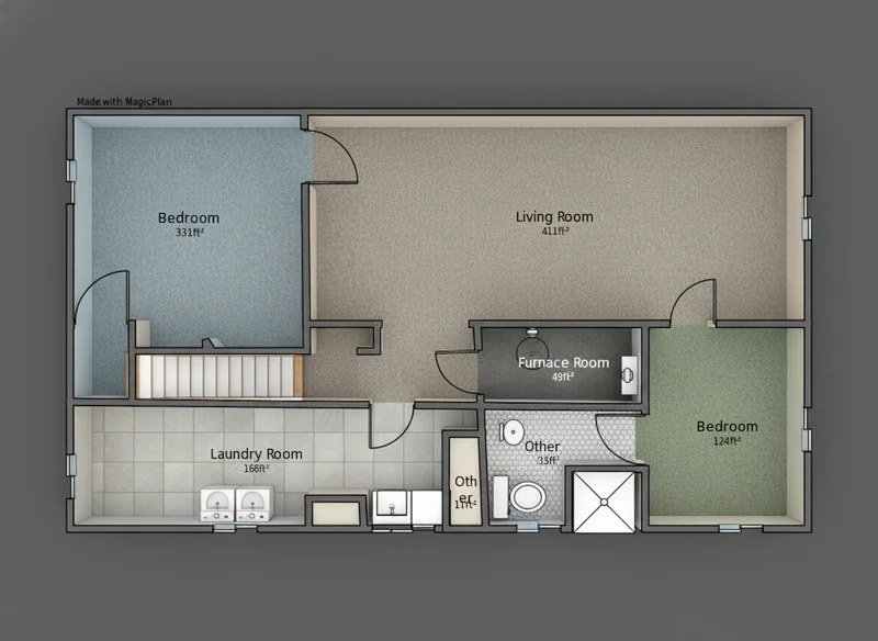 Turn this CAD line drawing into a full 2D rendering of the exact basement layout, but with real materials and colours appl...