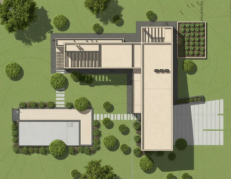 Turn this CAD line drawing into a full 2D rendering of the exact building exterior layout, but with real plants, materials...