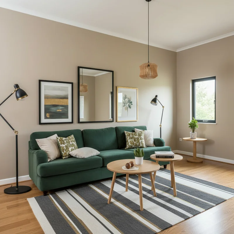 Trace on this line drawing of the living room and render it into a fully decorated realistic photo, apply real and premium...