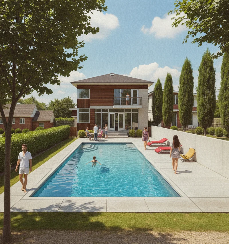 Trace on this image of the poolside and render it into a realistic photo, apply real and premium material and film grain t...