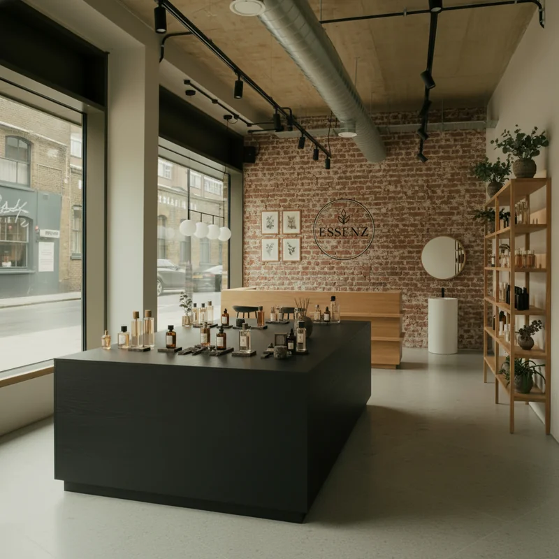 Turn the jo tables into a big unified black wooden box, with products sitting on top, and turn one of the walls into a red...