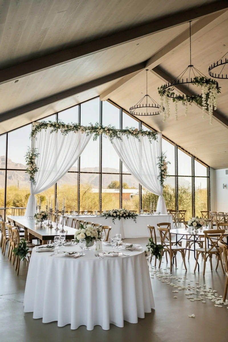 Decorate this venue space with wedding related decorations, both on the window/walls, and on the tables