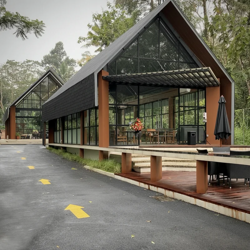 Remove the person front of the building, and remove the people sitting in and outside of the building