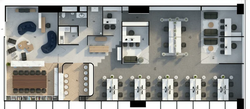 Trace on this office space, and turn it into a fully rendered realistic photography of the 2D view. Fill it with real colo...