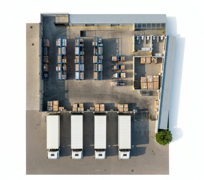Trace on this warehouse floor plan, and turn it into a fully rendered realistic photography of the 2D view. Fill it with r...