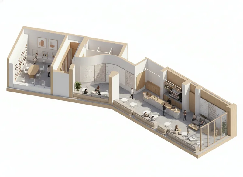 Trace on this retail space isometric floor plan, and turn it into a fully rendered realistic photography of the 3D view. F...