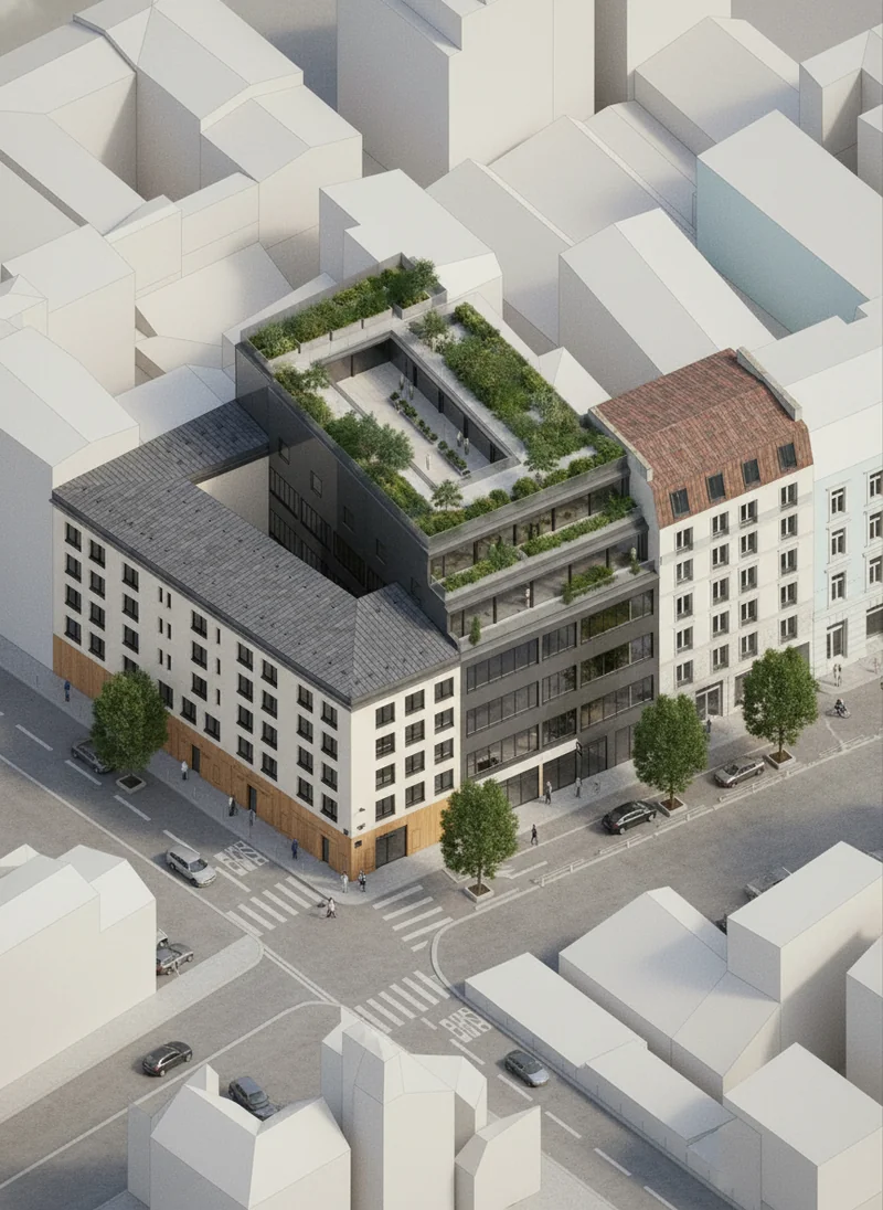 Trace on this isometric line drawing of a building in this block and render the main building center into a realistic phot...