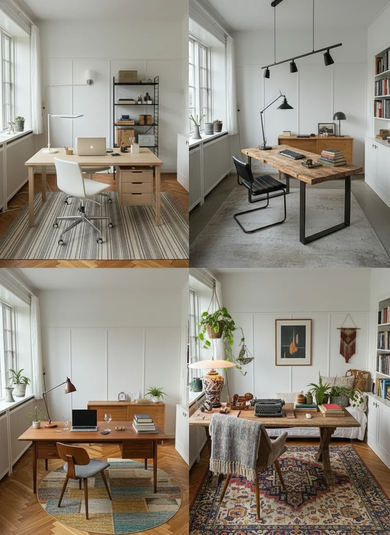 Redesign this home office space with 4 different style variations of furniture layouts. make a 2x2 grid to present these d...