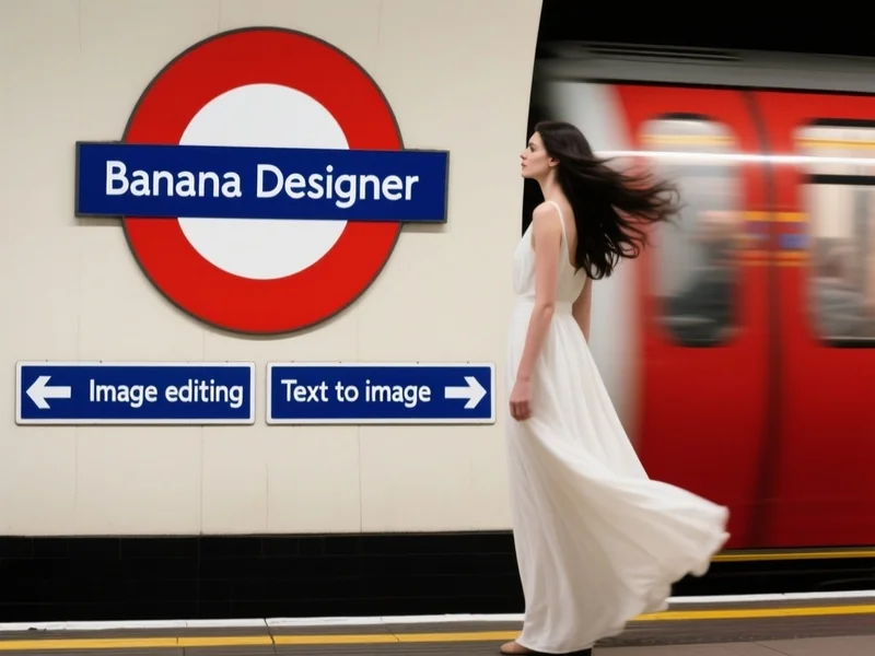 A cinematic photograph of a London Underground tube station platform with the main focus on a large TfL red roundel sign r...