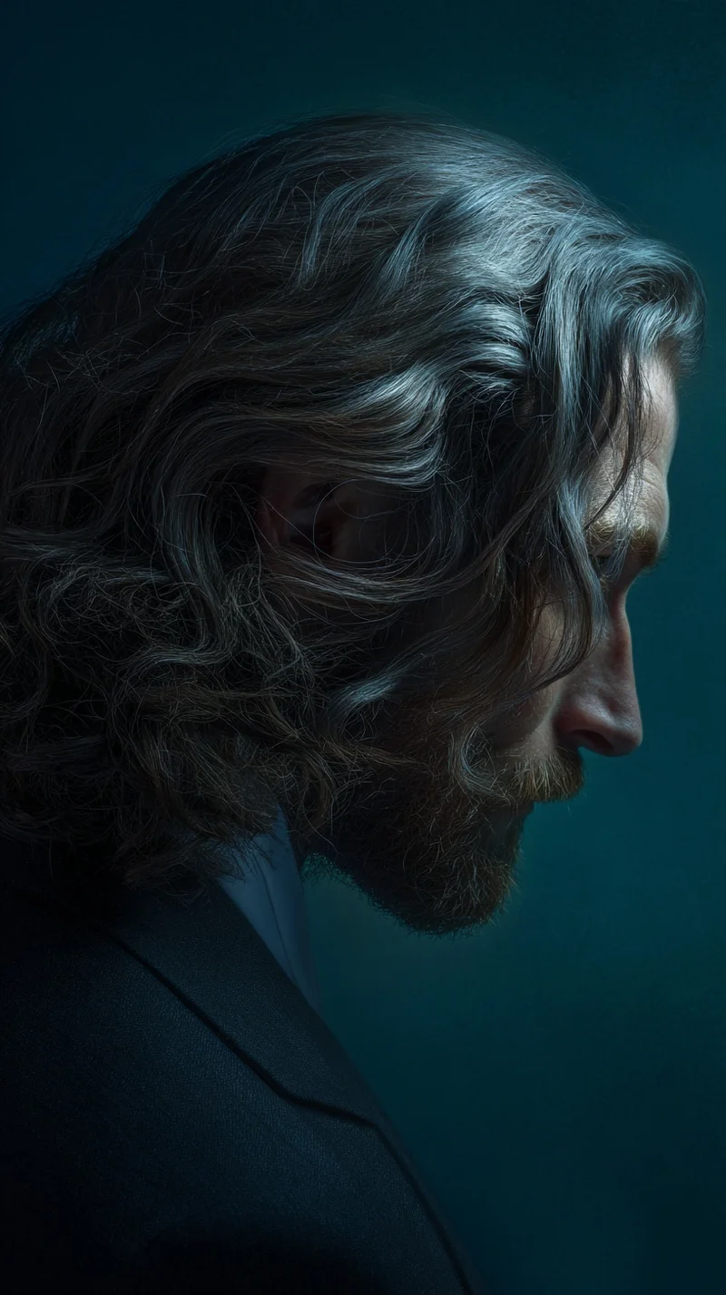 photography, side view, man with wavy shoulder-length hair style, ash gray hair color, high-end grooming photography studi...