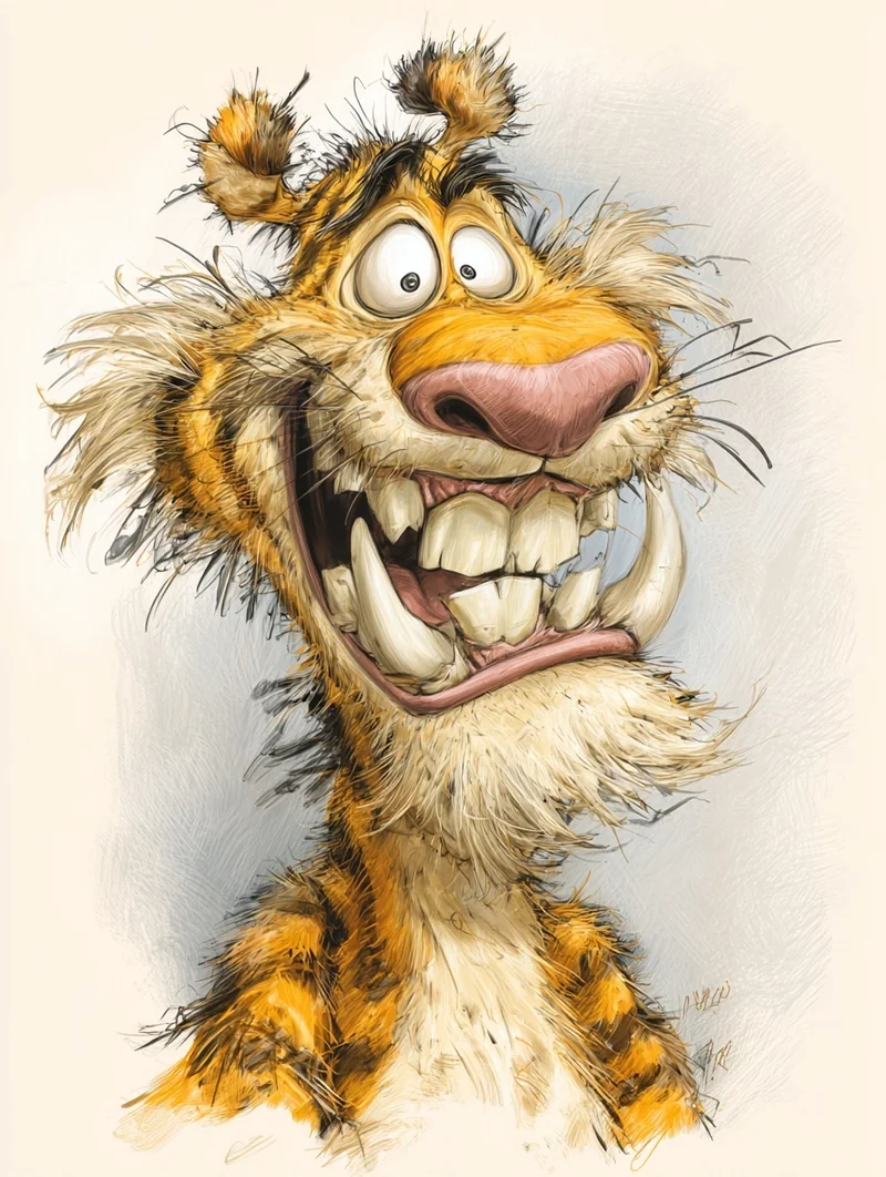 funny caricature, comical tiger character, male, unspecified ethnicity, 35 years old, wild-eyed, toothy grin, disheveled f...