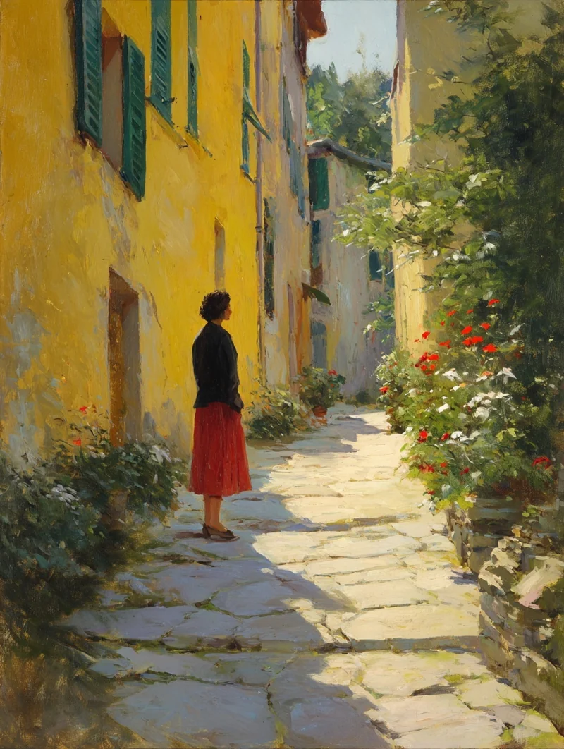 woman, middle-aged, light-skinned, is standing in a narrow alleyway. She is positioned on the left side of the image, faci...