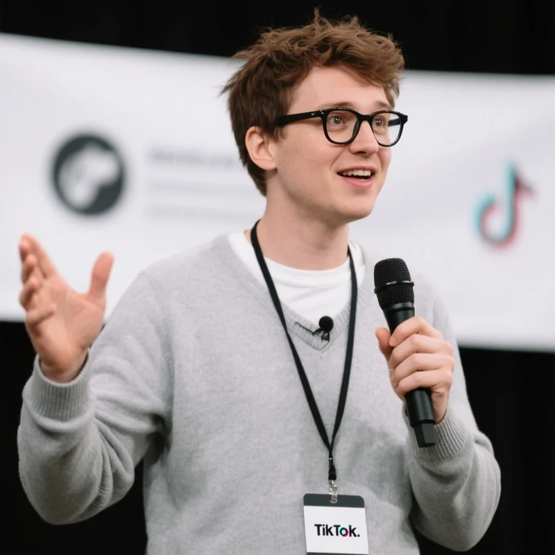 A charismatic speaker is captured mid-speech. He has short, tousled brown hair that's slightly messy on top. He has a roun...