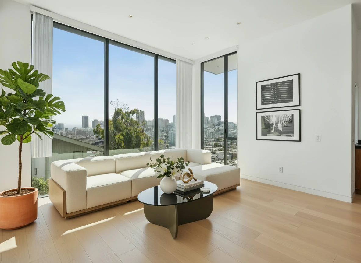 Place some decorative items and flowers on top of the coffee table, and add a Swiss Cheese Plant on the left of the sofa.