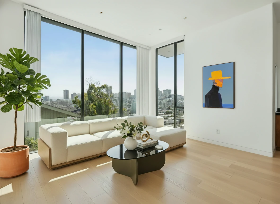 Replace the two artworks on the wall from image 1 with the painting from image 2