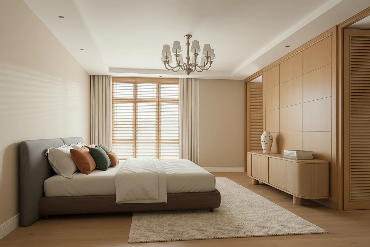 Add furniture to my bedroom, with a king bed against the wall on the left and and a low cabinet sitting against the wall on the right facing the bed, the furniture style is modern, sculptural, and comfort-driven, emphasizing clean geometry, soft edges, and grounded proportions. It combines mid-century warmth with contemporary minimalism, favoring tactile materials, muted yet confident colors, and a balance between visual solidity and playful form. Each piece feels intentional and expressive, blending utility with a sense of artistic design coherence.