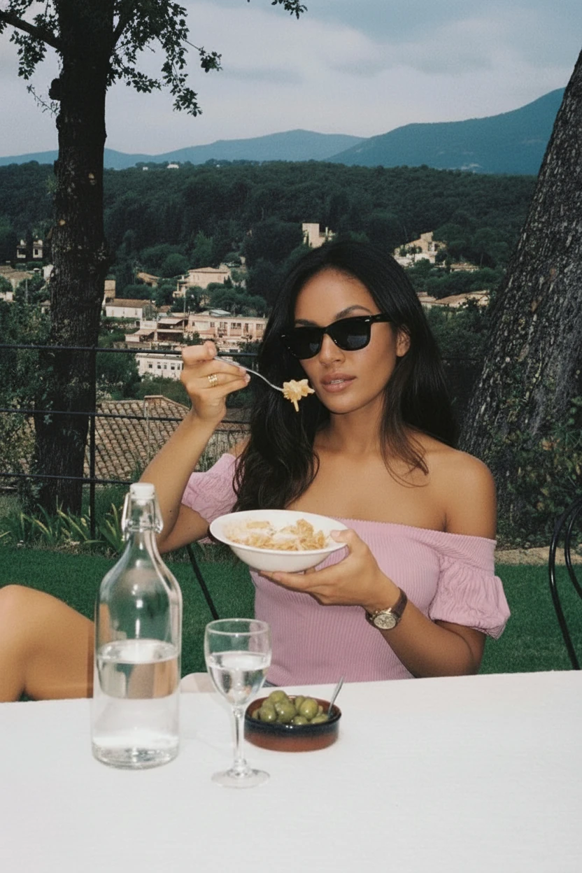 Create a photo of the woman in image 1, but in the camera composition and film photo filter style from image 2, with the woman from image 1 siting on the chair behind the table of image 2 with eating pasta with sunglasses, in a film camera style with soft grains, 90s photo style, shot in the same angle and fov as image 2, warm tone on the person and table, and cool tone in the background with accurate white balance.