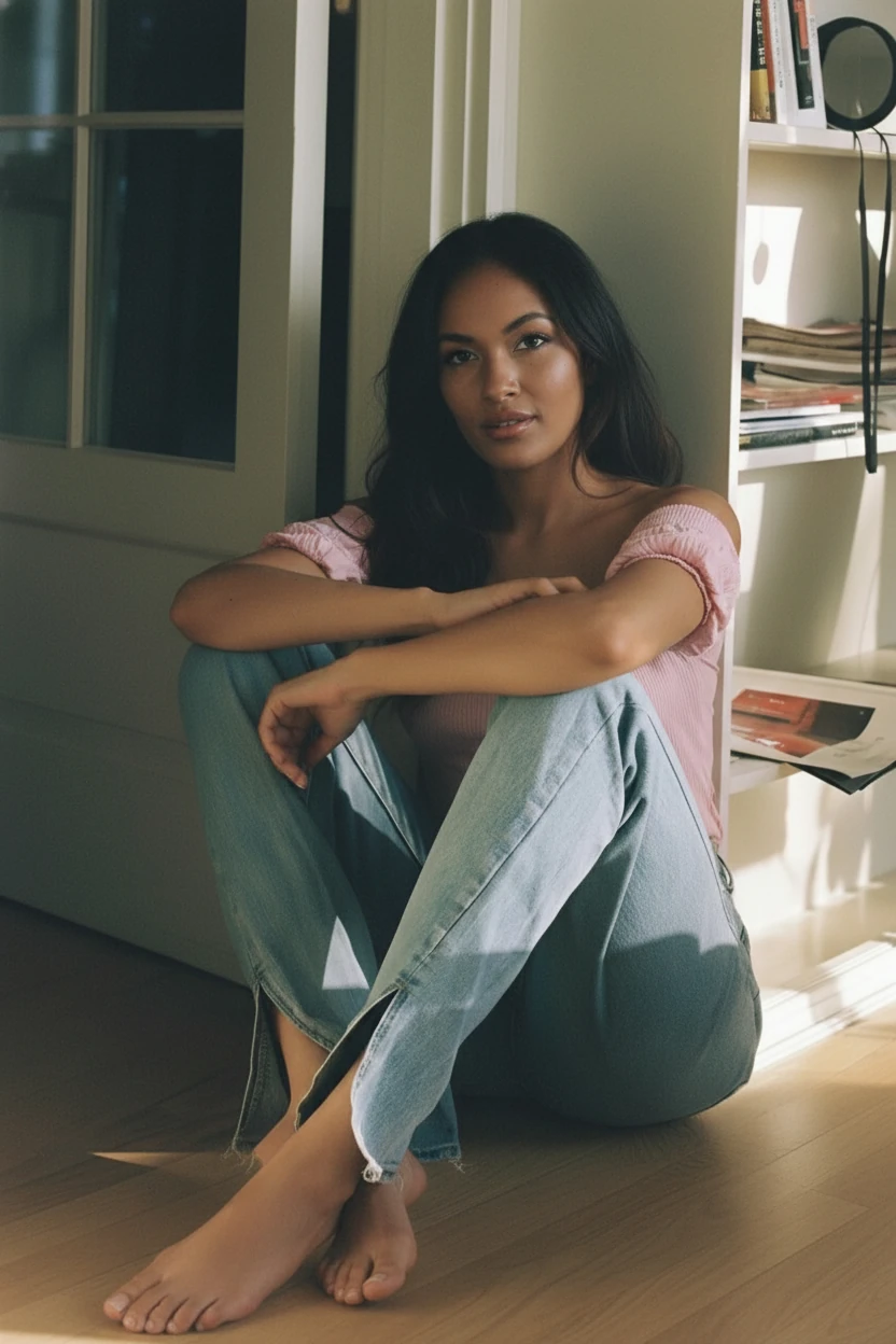 Create a photo of the woman in image 1, but in the camera composition and film photo filter style from image 2, with the woman sitting on the floor of image 2 like the man's posture, in a film camera style with soft grains, 90s photo style, shot in the same angle and fov as image 2, warm tone on the bright surface, and cool tone in the shadows with accurate white balance.