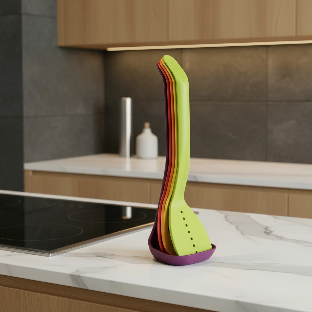 A premium modern kitchen scene with the Joseph Joseph multicolored utensil set placed upright on a white Calacatta marble countertop, positioned 10–15 cm to the right of the stove. Camera at a 35–40° three-quarter angle, slightly above eye level, focused on the utensil set. Soft natural daylight comes from the left, creating clean highlights and gentle shadows. Under-cabinet warm LED light adds ambience. The stove has a black glass induction surface with brushed steel trim. Background includes a dark charcoal stone tile backsplash and light oak cabinets. Surroundings are minimal: a blurred stainless salt mill and a ceramic oil bottle in the distance. Shallow depth of field, premium product-placement style.