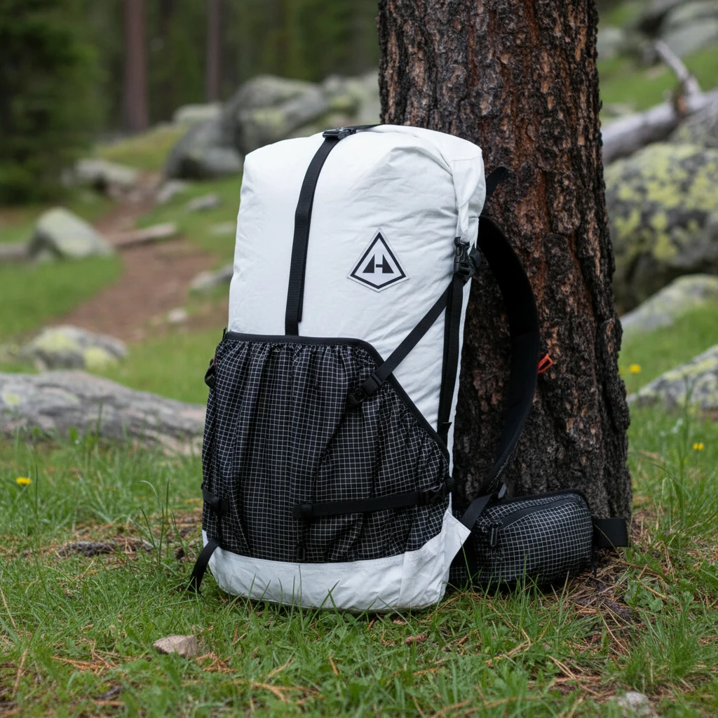 A commercial outdoor scene featuring a Hyperlite Mountain Gear backpack placed on natural green grass in a mountain-trail environment. The bag is fully packed, giving it a firm, realistic shape. Position it either resting upright on the grass or leaning gently against a tree trunk, as if set down during a hike. Camera at a three-quarter outdoor gear photography angle, slightly low to emphasize form and durability. Soft natural daylight from the side, casting clean shadows and highlights on the fabric. Background shows blurred trees, rocks, or distant trail elements, but the backpack remains the sharp focal point. Clean, rugged, premium outdoor aesthetic.