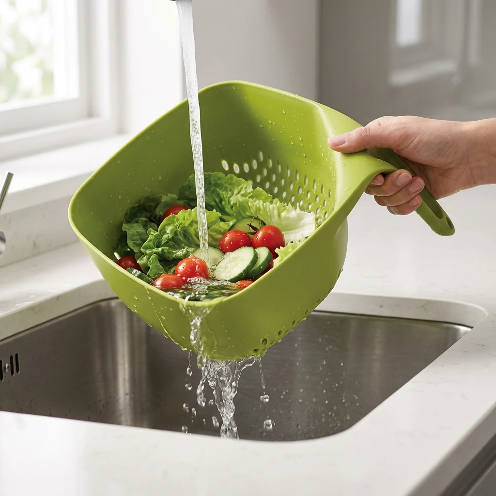 A realistic kitchen sink scene featuring the green handheld colander being held by a person’s hand at the handle. The colander is tilted slightly forward over a stainless-steel sink as water flows through the perforated bottom, rinsing fresh vegetables inside (lettuce, cherry tomatoes, cucumber slices). Camera angle is a close three-quarter view, slightly above the colander, capturing water motion and droplets. Soft natural daylight from the left, subtle reflections on the metal sink, clean modern countertop, background softly blurred. No face visible, only a hand holding the handle, demonstrating usage clearly.