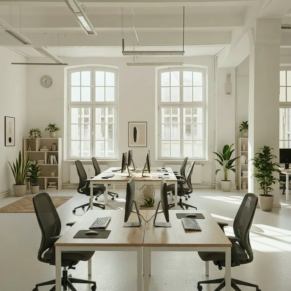 Put two more desks and chairs covering the areas in the red dashed lines. and remove the red lines from the photo. make sure the new desks layout are consistent to the rest of the room's furnitures.
