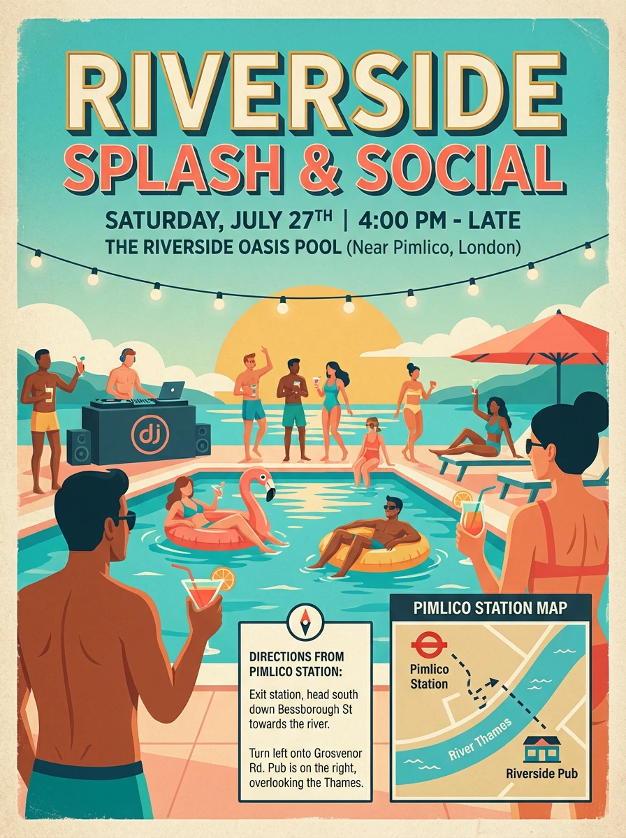 create a poster for a pool side party with event name, time and location details, a small map to pimlico station in London on the corner, and a direction from the station to our pub close to the river.