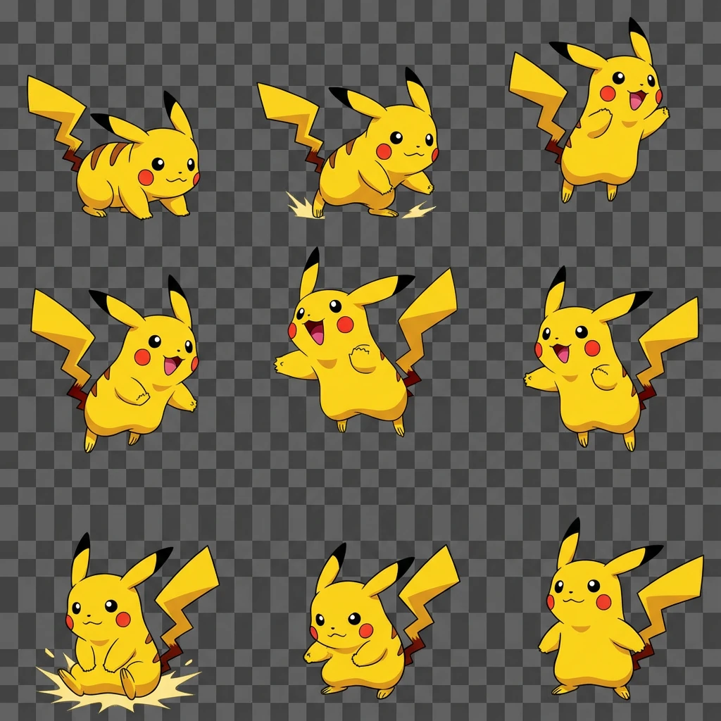 Create a sprite sheet with this pikachu of a 3x3 steps set of animation, with the pikachu jumping and landing, the given image in the middle stage.