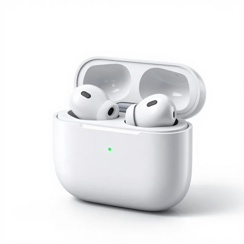 Professional product photography of wireless Bluetooth earbuds on pure white background, studio lighting from top and 45-d...