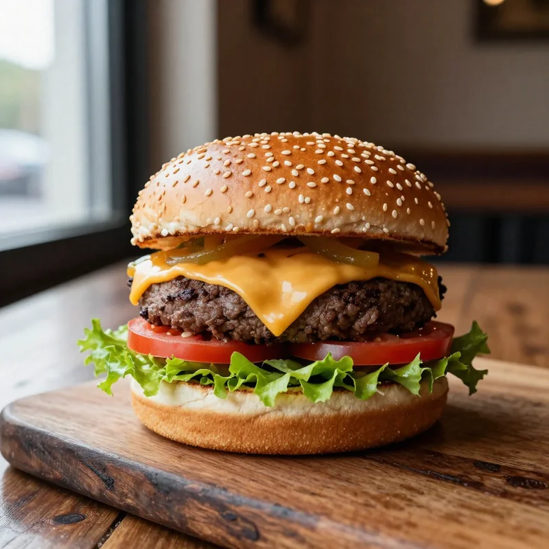 Gourmet burger with melted cheese, fresh lettuce, tomato slices, sesame seed bun on rustic wooden table, natural window li...