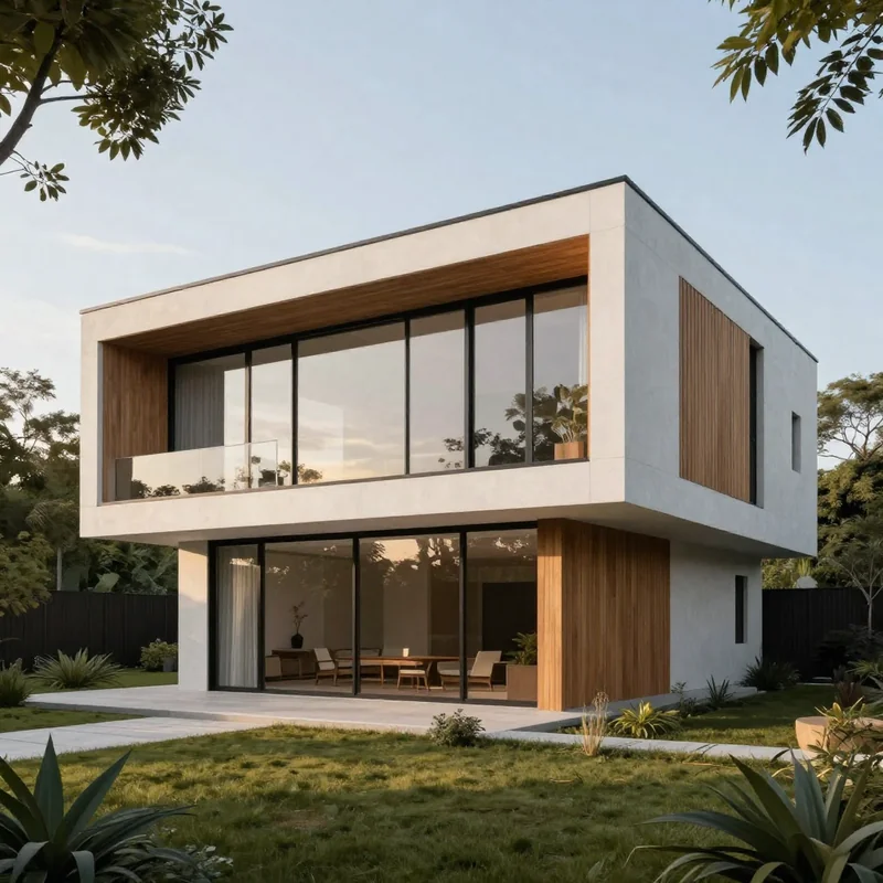 Modern minimalist house exterior with clean geometric lines, floor-to-ceiling glass windows, natural wood and white concre...