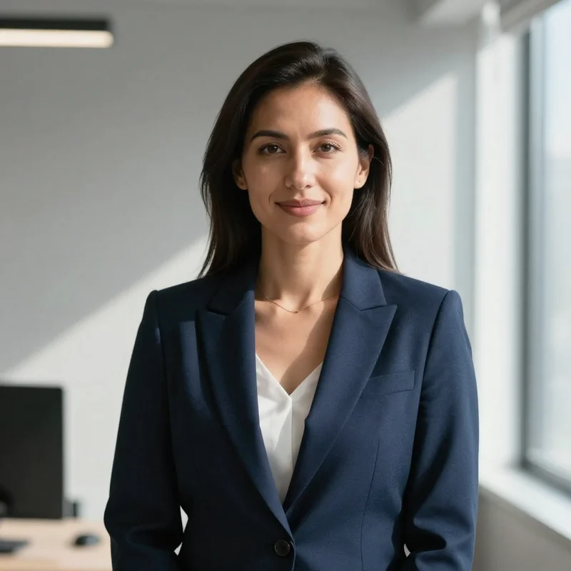 Professional business portrait of confident woman in modern office, wearing navy blue blazer, natural window lighting from...