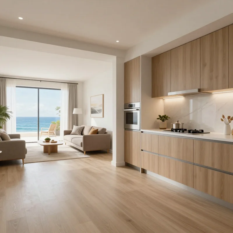 create an image of modern kitchen room with empty space connecting to the living room, costal furnishing style