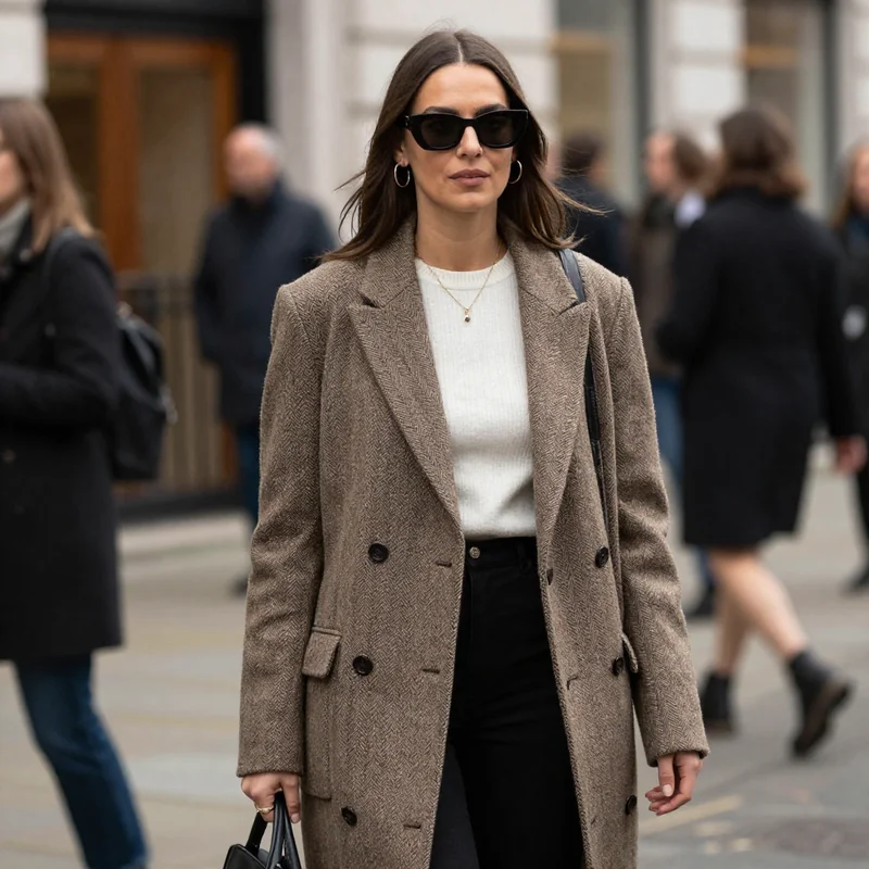 a street photography of a woman in london fashion week
