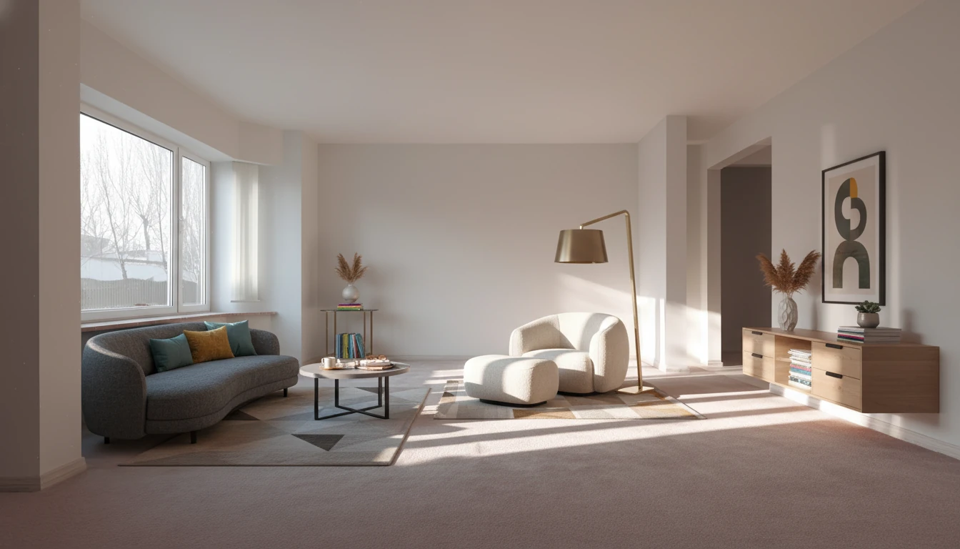 Let's place some post modern style furniture in this room to furnish it, consider the layout and shape of the room, make reasonable placement of furnitures. Adds regular objects on furnitures as if someone actually lives here. make sure lighting can be casted on the furniture, keep it still as a realistic looking photograph.