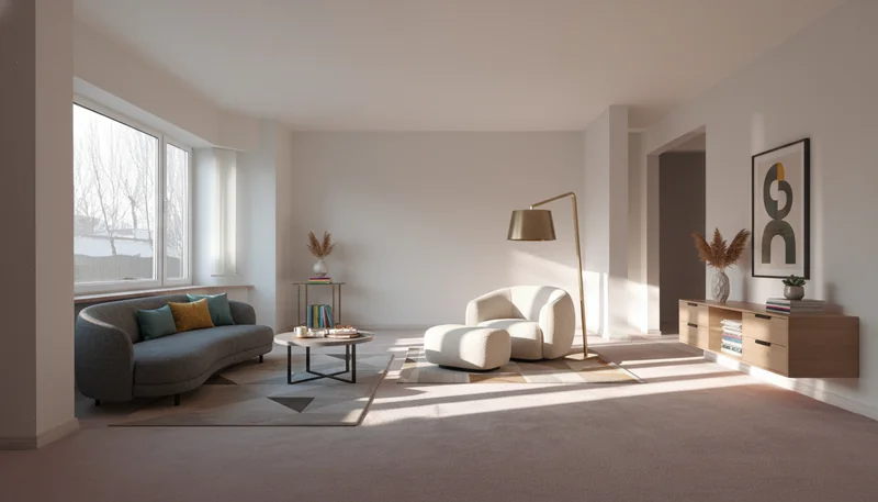 Let's place post modern style furniture in this room to furnish it, consider the layout and shape of the room, make reason...