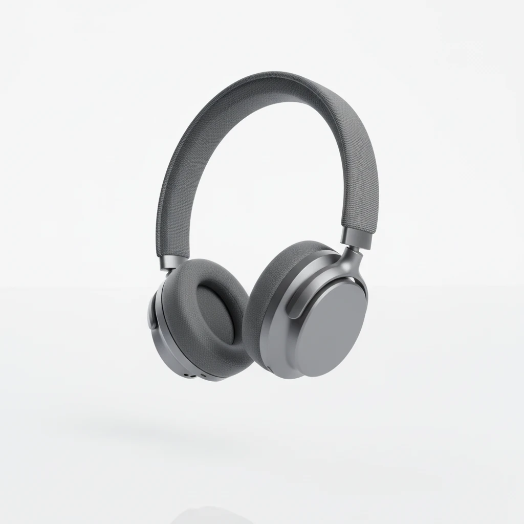 rotate the head phone for 30 degrees, and reveal one side of it a bit. make the background completely white, no reflections in the bottom of the image, make the headphone larger in the image.