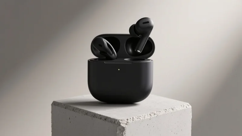 fast concept test of matte-black wireless earbuds displayed on a geometric concrete pedestal, soft studio backlighting, mi...