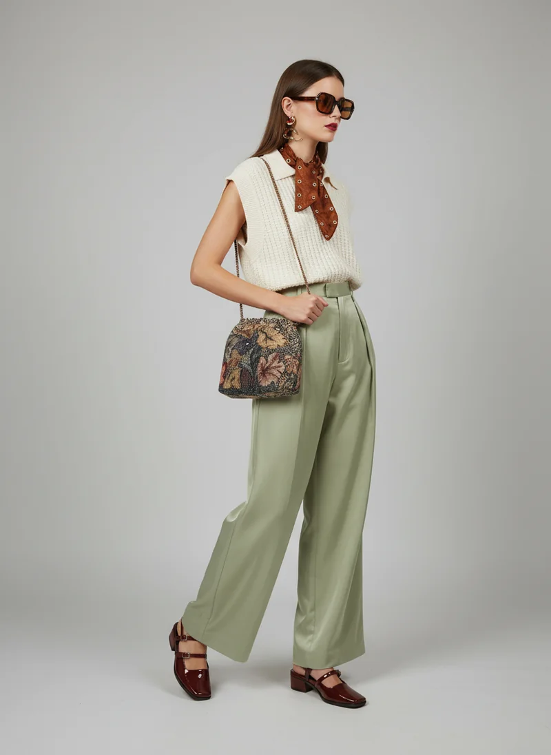 create a female model wearing all the outfit pieces from the provided image, and let her be wearing all of them in a fashi...